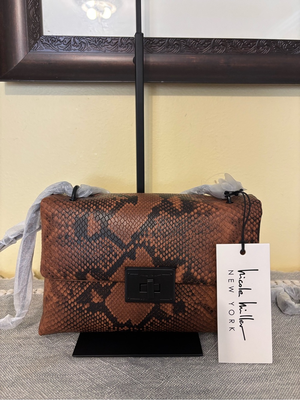 Nicole Miller Brown Snake-Print Crossbody Bag with Black Turn-Lock